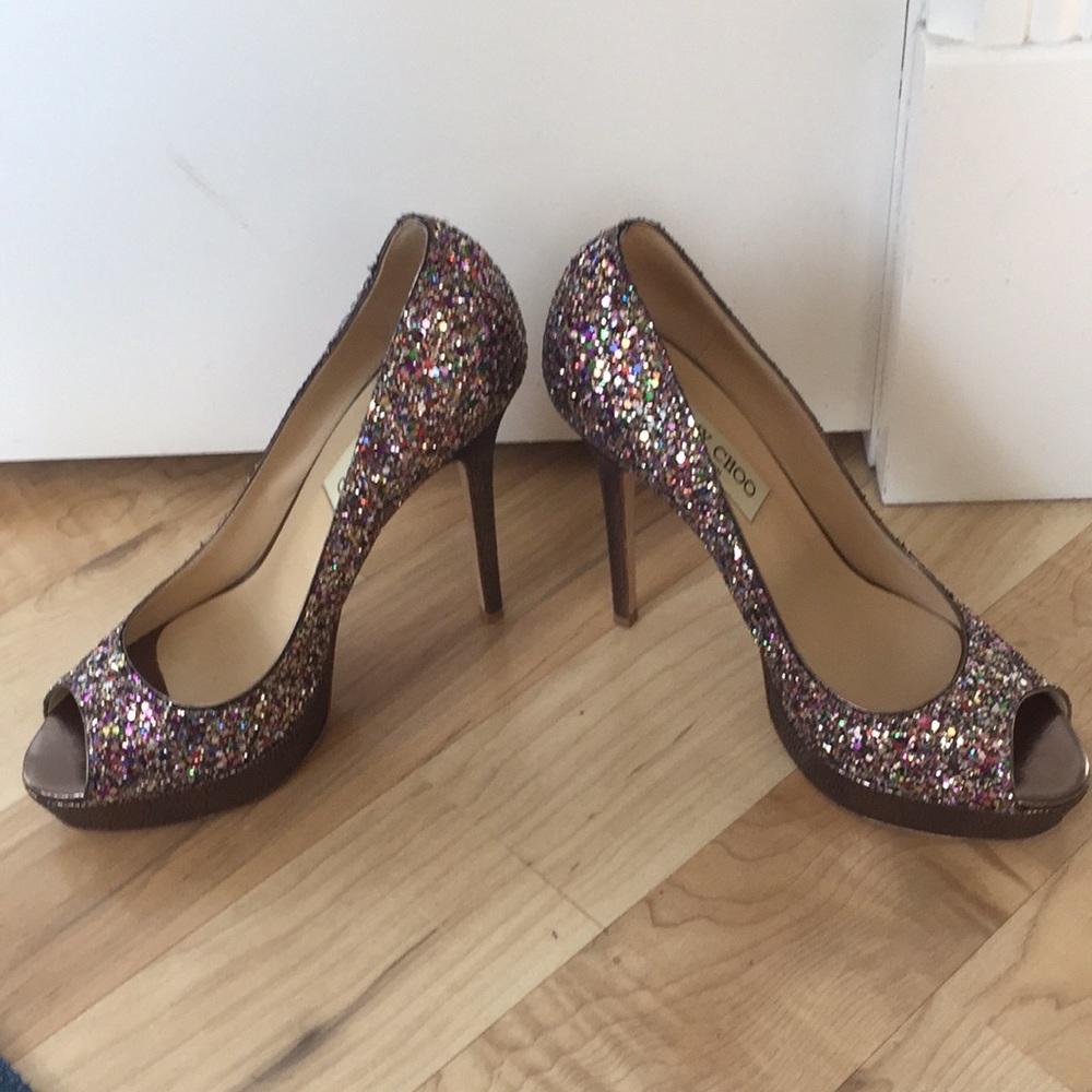 Jimmy Choo glitter,platform peep toe pumps.Classic - Picture 4 of 8